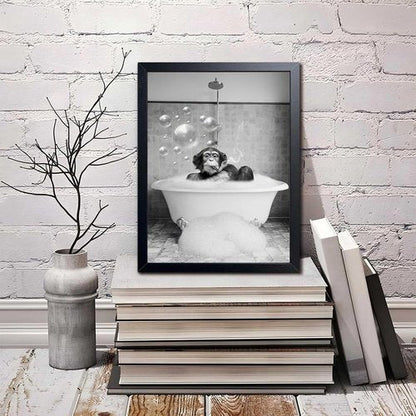 Framed Chimpanzee Wall Art - Fun Black and White Monkey Canvas Decor | 8x10 Inches for Bathroom or Man Cave