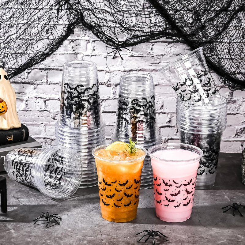AimFun Halloween Bats Plastic Cups White Black Ghosts Disposable Party Cup Cute Spooky 12oz Clear Cups for Candy Beverage Snacks Birthday Baby Shower Party Supplies (50, Bats)