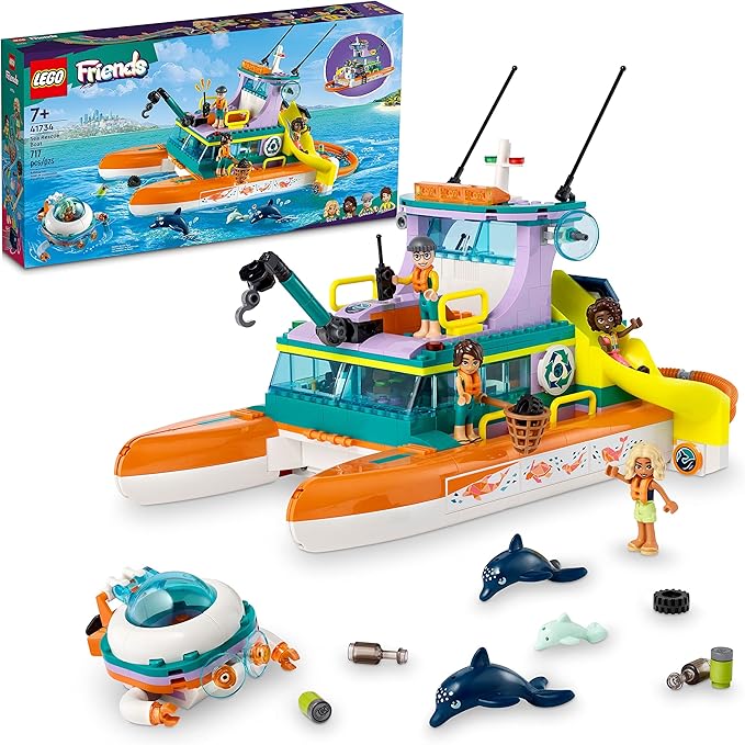 LEGO Friends Sea Rescue Boat 41734 Building Toy Set for Boys &amp Girls Ages 7+ Who Love The Sea Includes 4 Mini-Dolls a Submarine Baby Dolphin and Toy Accessories for Ocean Life Role Play