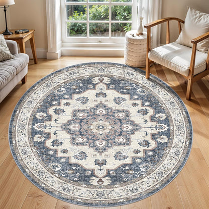 Skiennix Washable Circle Rug - 6ft Round Indoor Carpet | Ultra Thin, Water Resistant, Floral Design in Blue