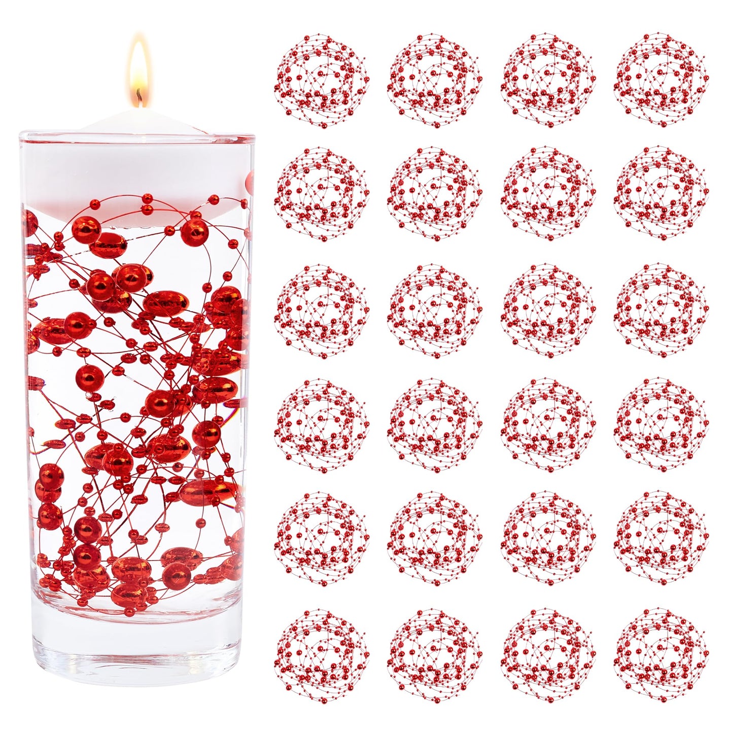 YATOJUZI 30 PCS Artificial Pearl String Red Vase Filler Floating Pearls for Vases Centerpieces Faux Pearl Beads String Decorations Wedding Holiday Party Decor