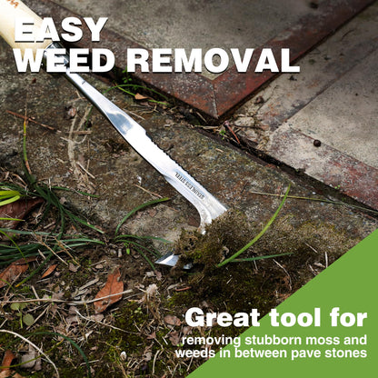 WORKPRO Crack Weeder, 12" Stainless Steel Crevice Weeding Tool with Ash Wooden Handle, L-Shaped Side-Walk Weed Puller Spatula, for Garden Lawn Yard Patio Terrace Paving Moss Garden Tool