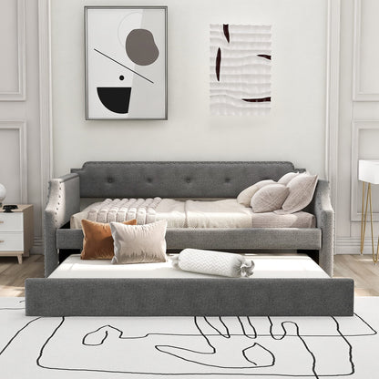 Merax Upholstered Daybed with Trundle, Wood Slat Support,Upholstered Frame Sofa Bed, Twin, Gray