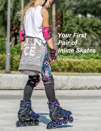 2pm Sports Vinal Girls Adjustable Inline Skates with Light up Wheels Beginner Skates Fun Illuminating Roller Skates for Kids Boys and Ladies - Violet Medium(1Y-4Y US)