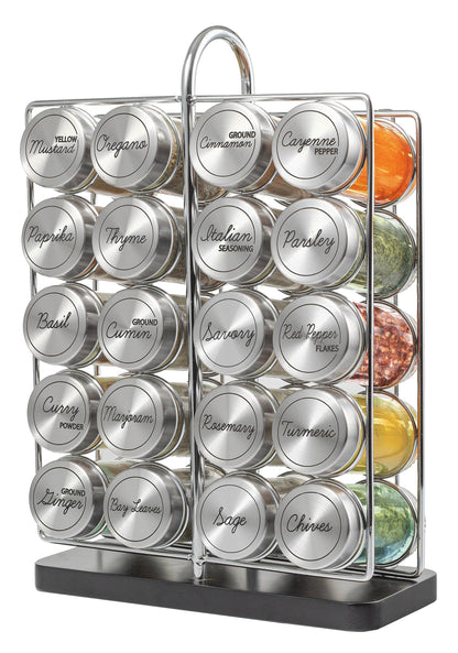 Orii 20 Jar Spice Rack Stainless Steel with Spices Included - Standing Rack Shelf Holder & Countertop Spice Rack Tower Organizer for Kitchen Spices with Spice Refills for 5 Years