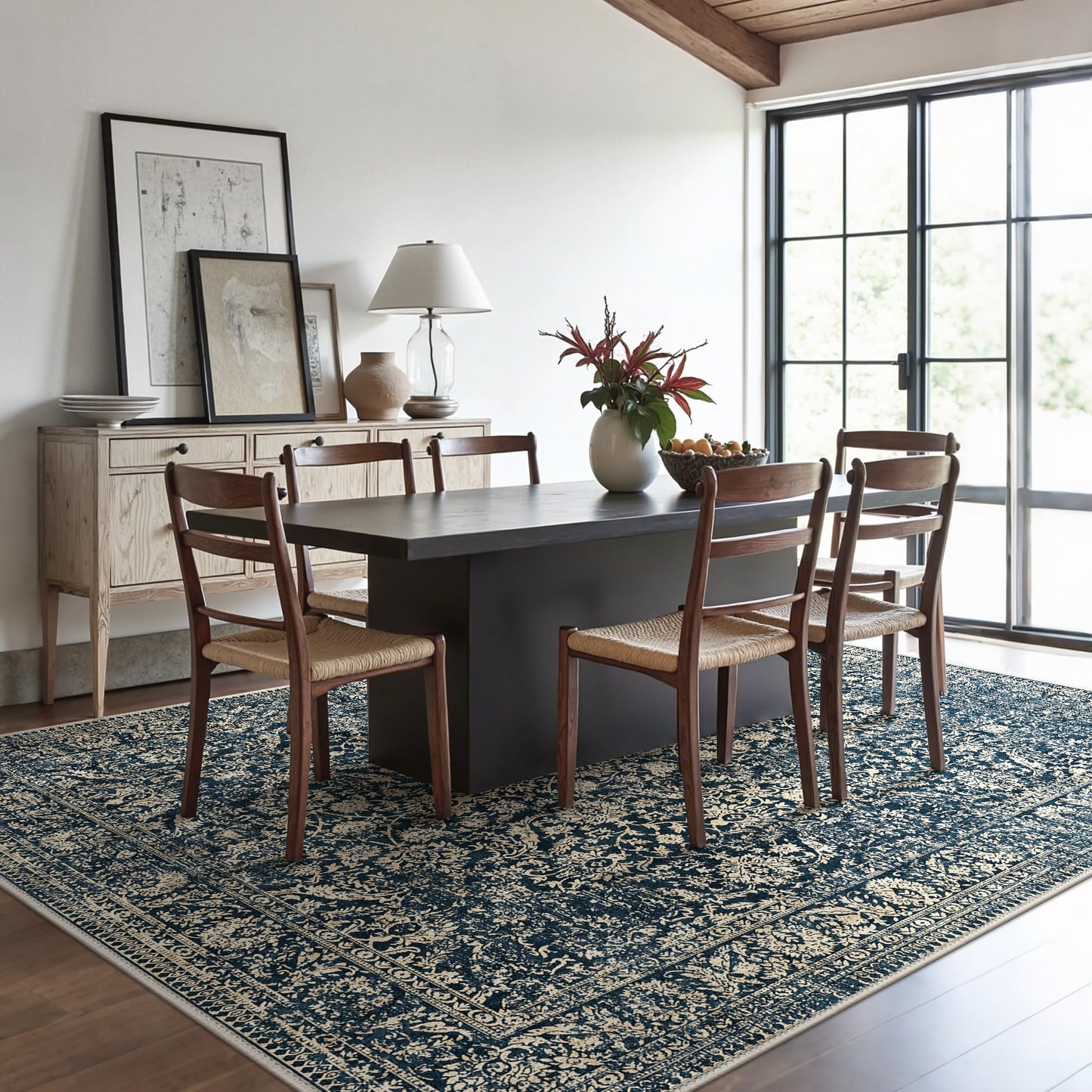 Bavni 8x10 Area Rugs for Living Room, Machine Washable Rug Lightweight Low Pile, Non Slip Boho Rugs with Rubber Backing, Floral Print Carpet for Bedroom Dinning Room, Tulip Blue