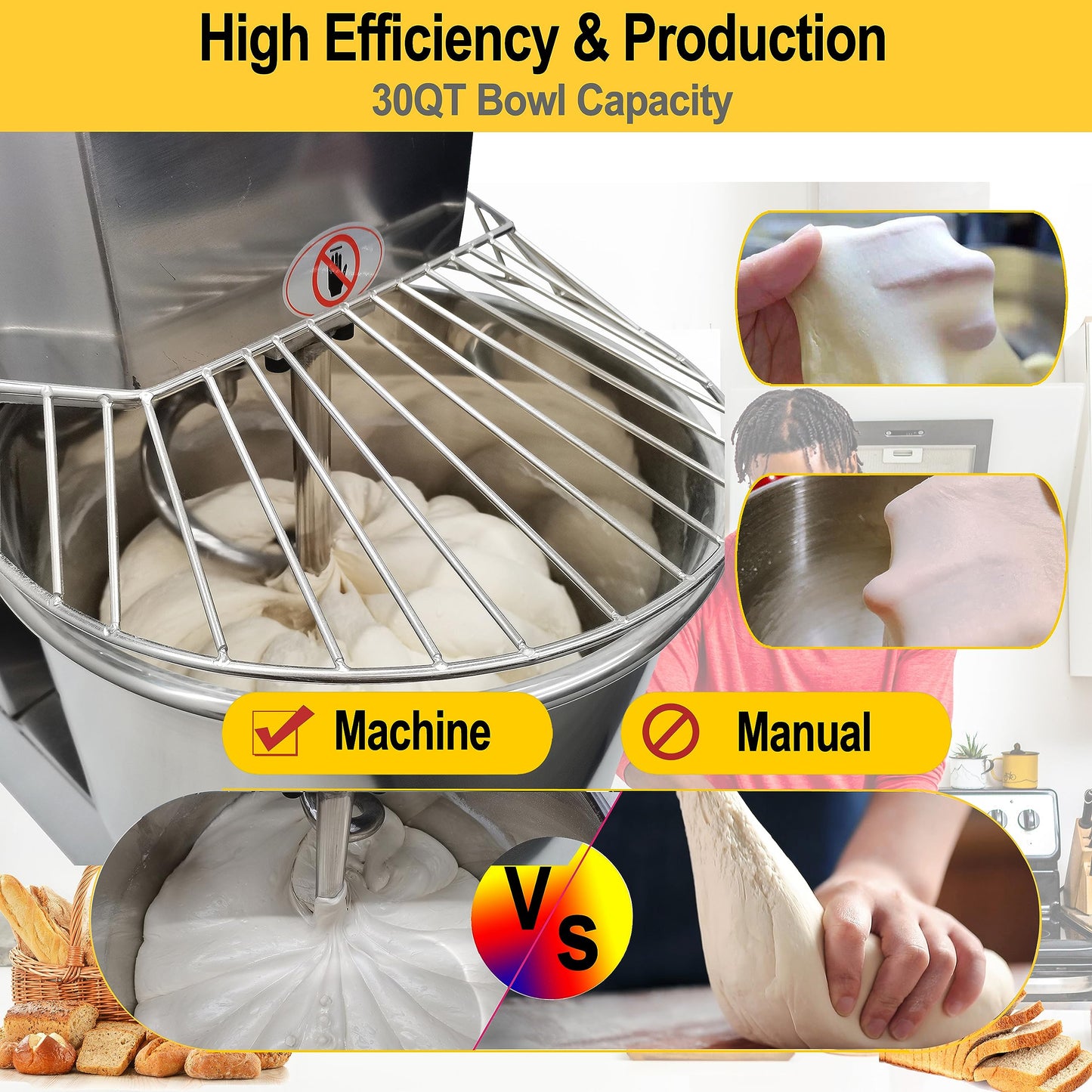 LGXEnzhuo 30L Commercial Dough Mixer with Dual Rotation and Dual Speed, 110V 1500W Electric Dough Kneading Machine - Time Set, Stainless Steel, Emergency Stop, for Pizze and Bread