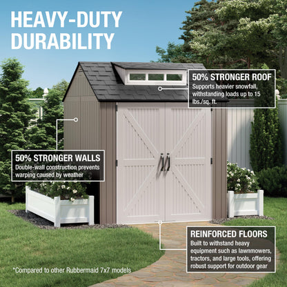 Rubbermaid Large Resin Outdoor Storage Shed With Floor (7 x 7 Ft.), Weather Resistant, Brown, Organization for Home/Lawn Mower/Backyard Equipment/Bike Storage/Pool Supplies
