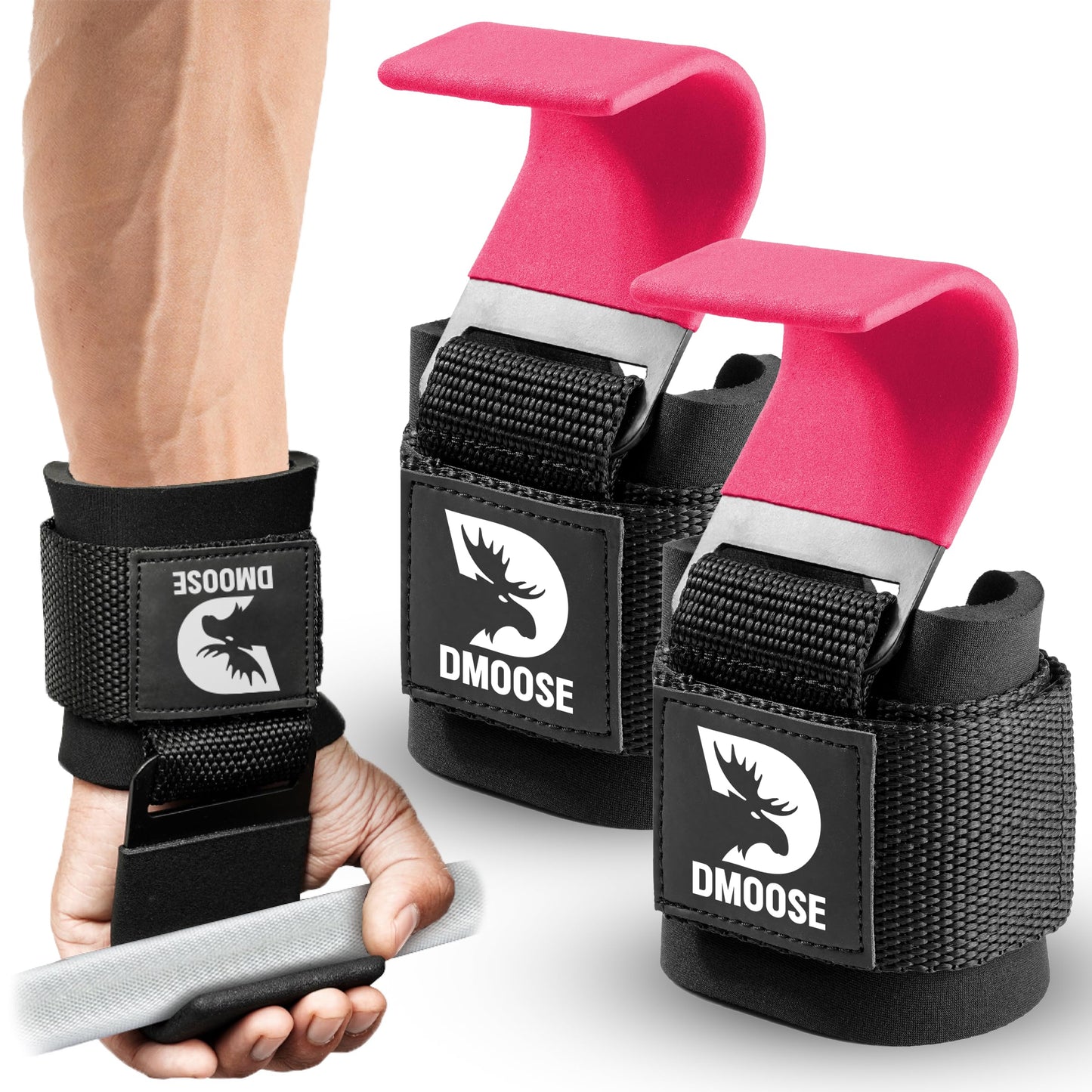DMoose Fitness Weight Lifting Hooks (Pair) for Deadlifts, Pull Ups, Rows & Shrugs - Anti-Rip Nylon Strap Hand Grips with Thick Wrist Padding - Heavy Duty Wrist Straps for Weightlifting & Gym Workouts