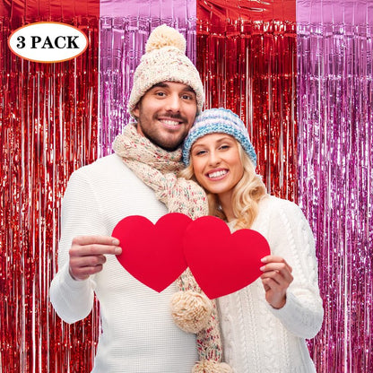 LOLStar 3 Pack Valentines Foil Fringe Curtains Valentine's Day Party Decorations 3.3X6.6 ft Red Pink Tinsel Metallic Photo Booth Props Backdrop Streamers for Valentine's Day Decor Birthday Wedding