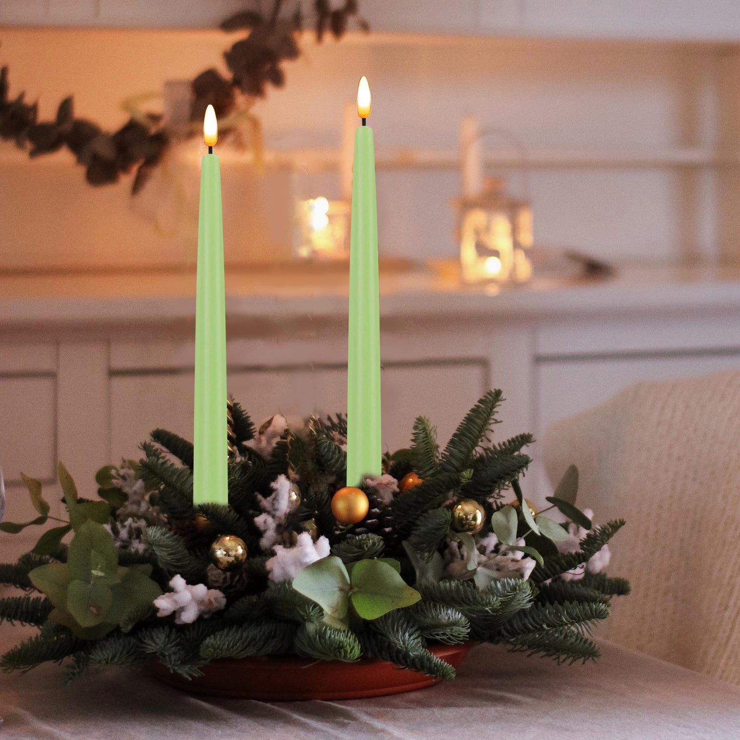 CVHOMEDECO. Flameless Taper Candles with 10-Key Remote, Battery Operated Led Flickering 3D Wick Window Candles Real Wax Finished Home Christmas Party Decor 0.78 x 11 Inch, Pack of 2, Light Green