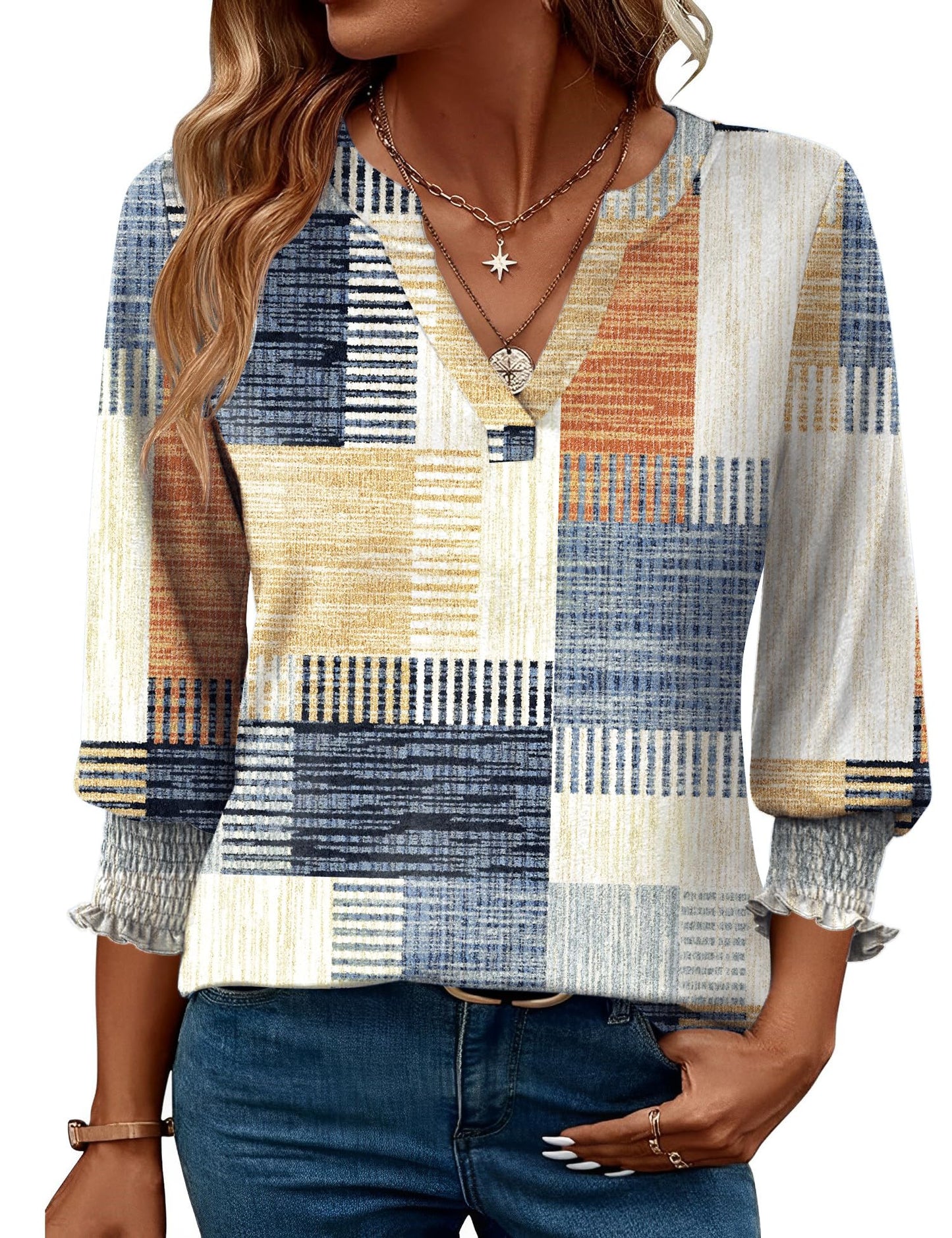 LOMON Blouses for Women Dressy Casual 3/4 Sleeve Tops for Women V Neck T Shirt Ladies Tops and Blouses Orange Blue Print L