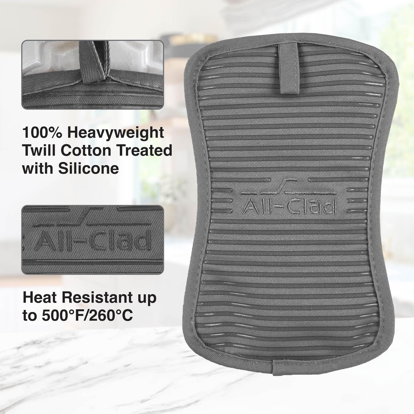 All-Clad Premium Pot Holder & Heating Pad, (2-Pack) Heat Resistant to 500 Degrees, 100% Cotton 10"x6.25" for Kitchen and Barbeque, Pewter