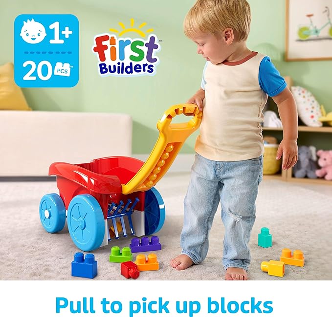 MEGA BLOKS First Builders Toddler Building Toy Block Scooping Pull Wagon with 20 Pieces and Built-in Storage Picks Up Blocks Red Kids Ages 1+