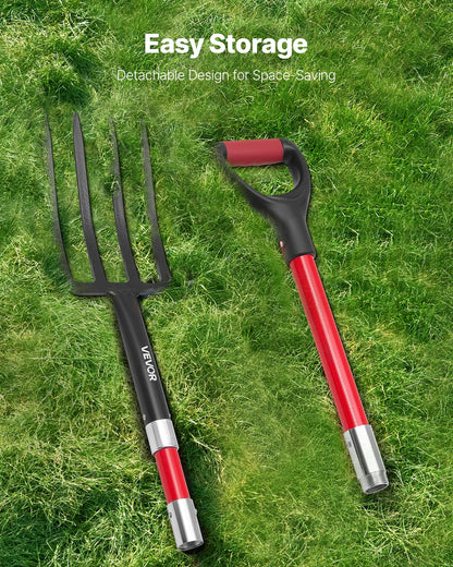VEVOR Garden Fork, 4-Tine Gardening Pitchfork with Fiberglass Handle, 45 in Heavy Duty Digging Fork with Y Grip, Forged Steel Spading Fork for Hay Potato Composting Transplanting Aeration