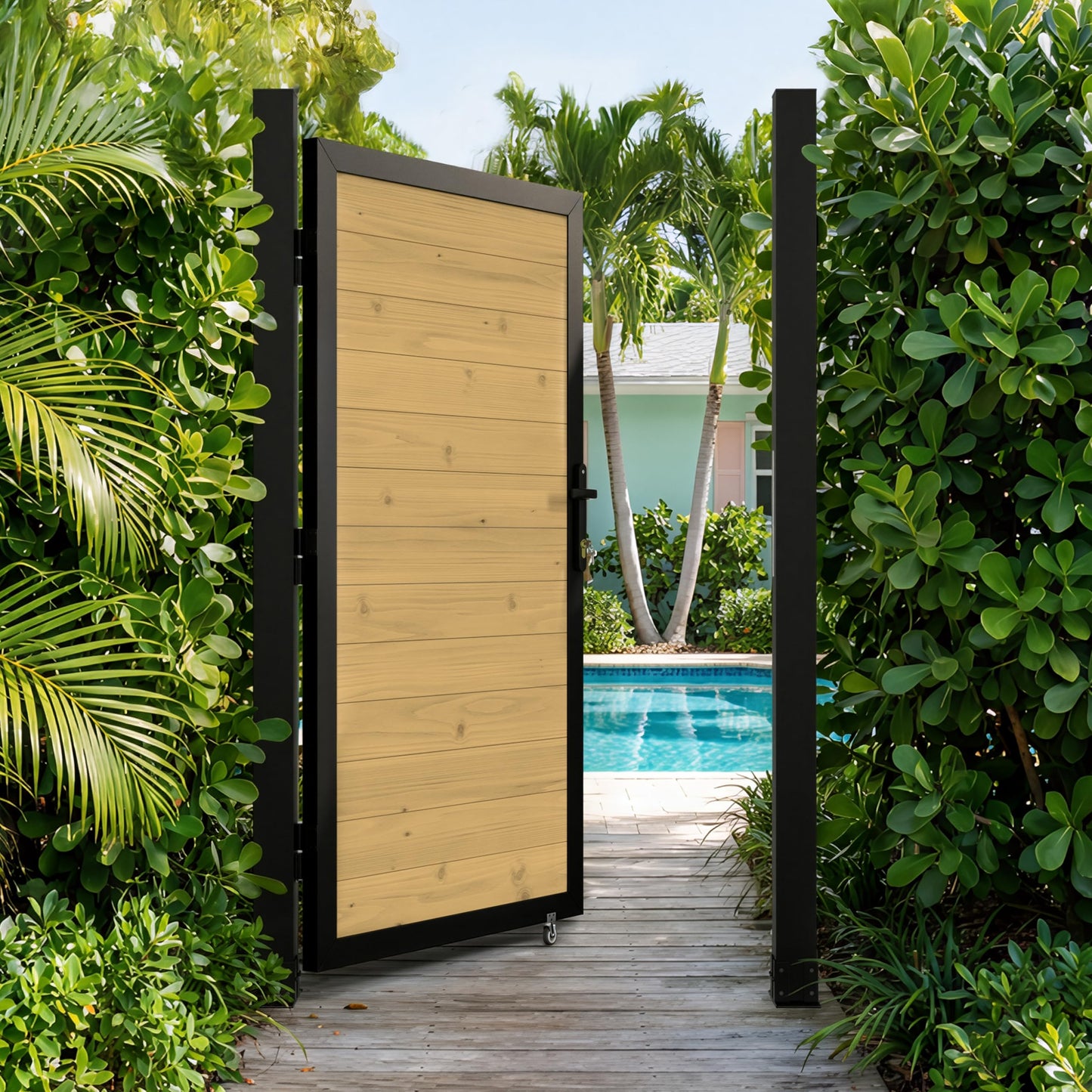 BlueWish 6 x 3 FT Cedar Wood Fence Gate Kit, Board-on-Board Privacy Fence Gate, Aluminum Frame with Security Lock System, Outdoor Garden Yard Complete Gate Kit for Backyard, Pool, Natural