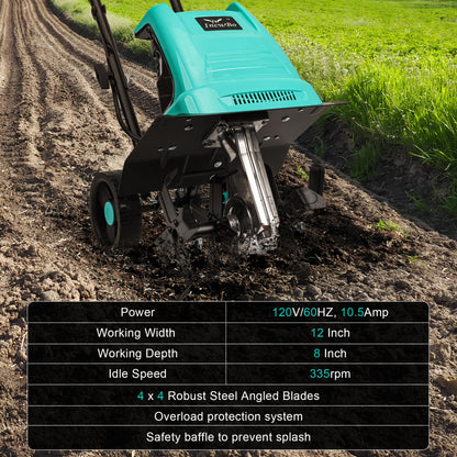 IncwBo Electric Rototiller Garden Tiller 12 Inch Tilling Width 8-Inch Electric Tiller 10.5 Amp Tiller Cultivator for Garden Yard