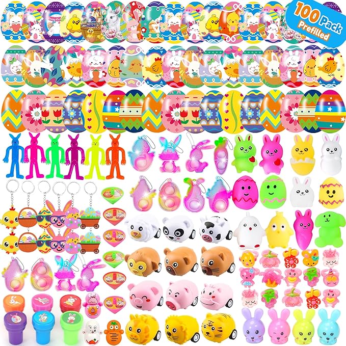 100PCS Unique &amp Colorful Prefilled Easter Eggs with Novelty Toys Filling Treats Easter Eggs Hunt Basket Stuffers Fillers Theme Party Favor Classroom Prize
