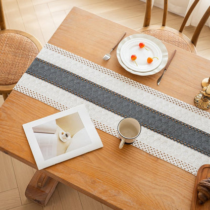 FEXIA Boho Table Runner for Home Decor with Tassels 108 Inches Long,Grey Farmhouse Rustic Table Runner Macrame Burlap Table Decoration for Living Room Bridal Shower(12x108 Inches)