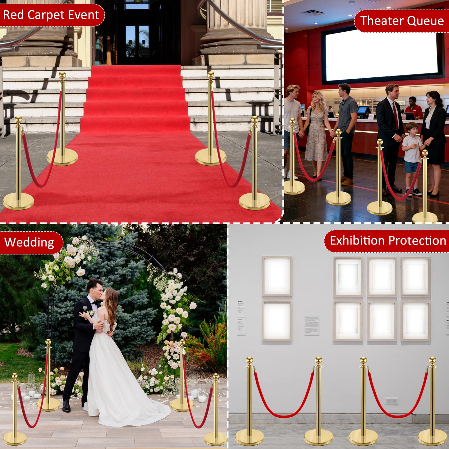 Goldshire 8 PCS Stanchions and Velvet Ropes Set, Stainless Steel Post with 4 Red Velvet Ropes, Crowd Control Barriers, Red Carpet Runner Poles for Party, Wedding, Queue
