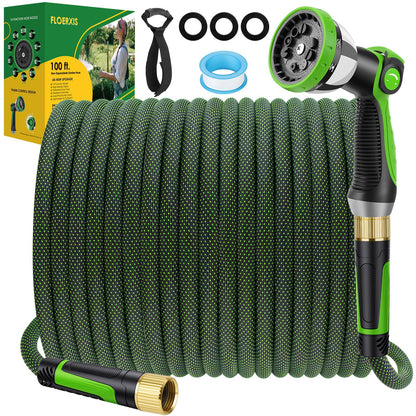 FLOERXIS Non-Expandable Garden Hose 100 FT, Lightweight Hose with 10 Function Spray Nozzle, Kink-Free Flexible Water Hose, Durable, Leak-Proof, 360° Swivel Connectors, Portable Storage Strap