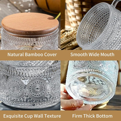 DOPUDO Vintage Glass Coffee Mugs,Overnight Oats Containers With Lids,Glass Cup With Sealed Lid and Spoon,Glass Coffee Mugs,Coffee Bar Accessories,Ideal for Cappuccino, Latte(6-Pack,14oz)