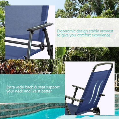 Vongrasig 6 Pieces Folding Patio Dining Set, All Weather Small Metal Outdoor Table and Chair Set, Garden Patio Furniture Set w/Umbrella, Glass Table & 4 Folding Chairs for Lawn, Backyard, Blue