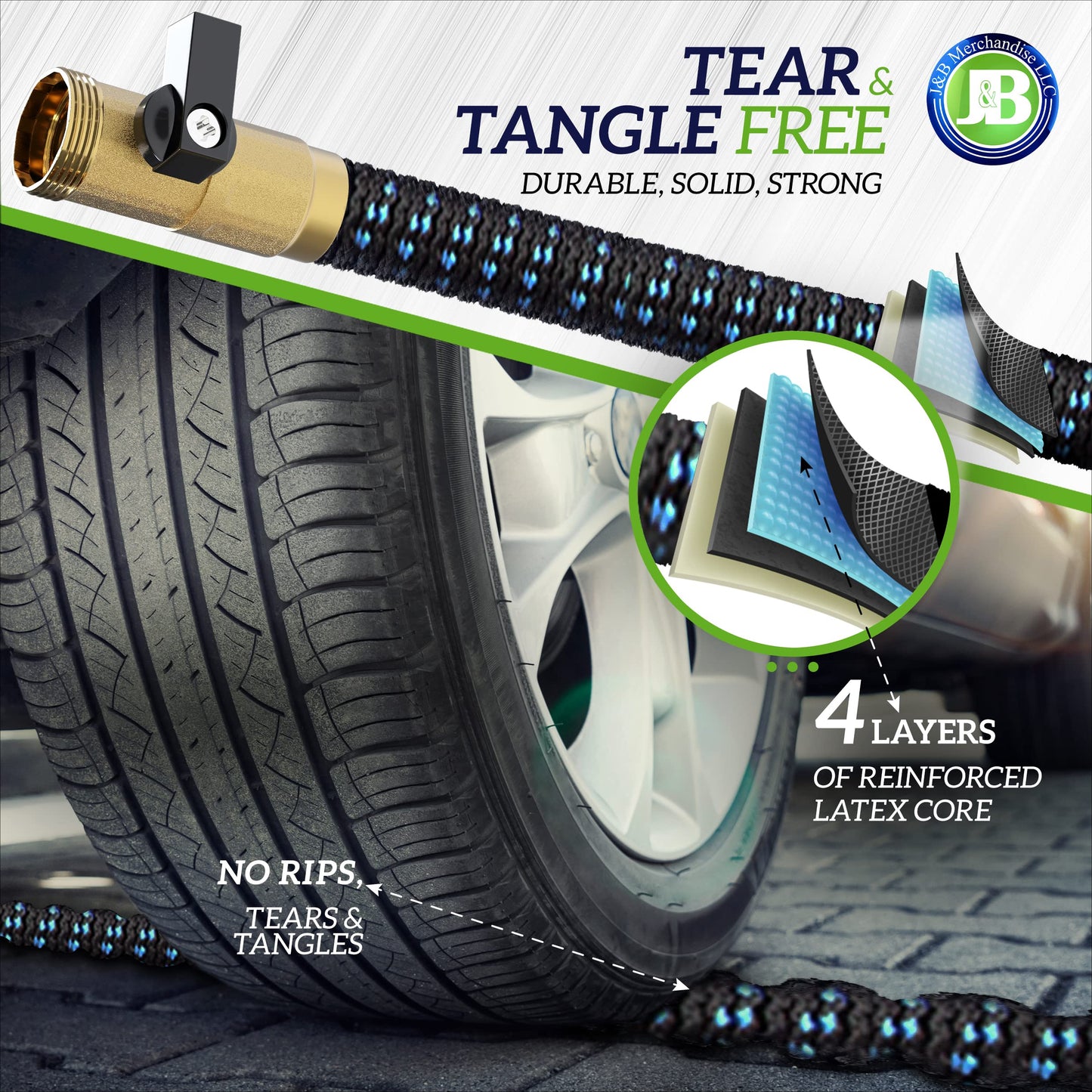 J&B XpandaHose 75ft Expandable Garden Hose with Holder - Heavy Duty Superior Strength 3750D - 4 -Layer Latex Core - Extra Strong Brass Connectors and 10 Spray Nozzle w/Storage Bag (Blue 75)