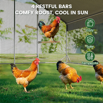 Large Walk-in Metal Chicken Coop with Chicken Run & Hardware Cloth, Solar Light, Waterproof & UV-Resistant Cover, Outdoor Poultry Cage for Farm Use, 3 Room