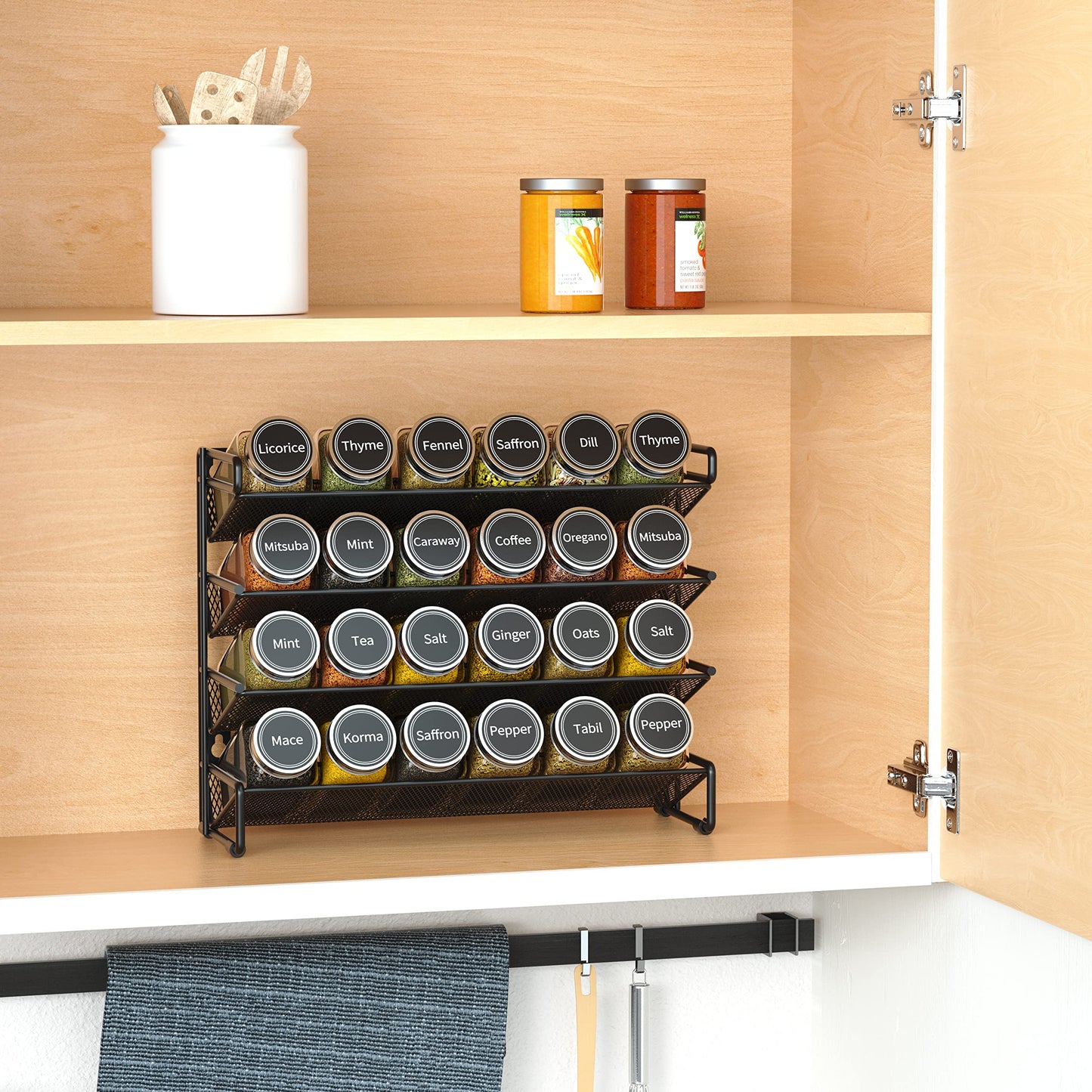 SpaceAid Spice Rack Organizer with 28 Spice Jars, 386 Spice Labels, Chalk Marker and Funnel Set for Cabinet, Countertop, Pantry, Cupboard or Door & Wall Mount - 28 Jars, 13.4" W × 10.8" H, Black