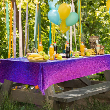 Just Shimmer Sparkling Holographic Laser Tablecloth - Shimmering, Waterproof, Easy to Clean - Ideal for Bachelorette, Birthday, Wedding, and Anniversary Party Decorations (Purple, 1)