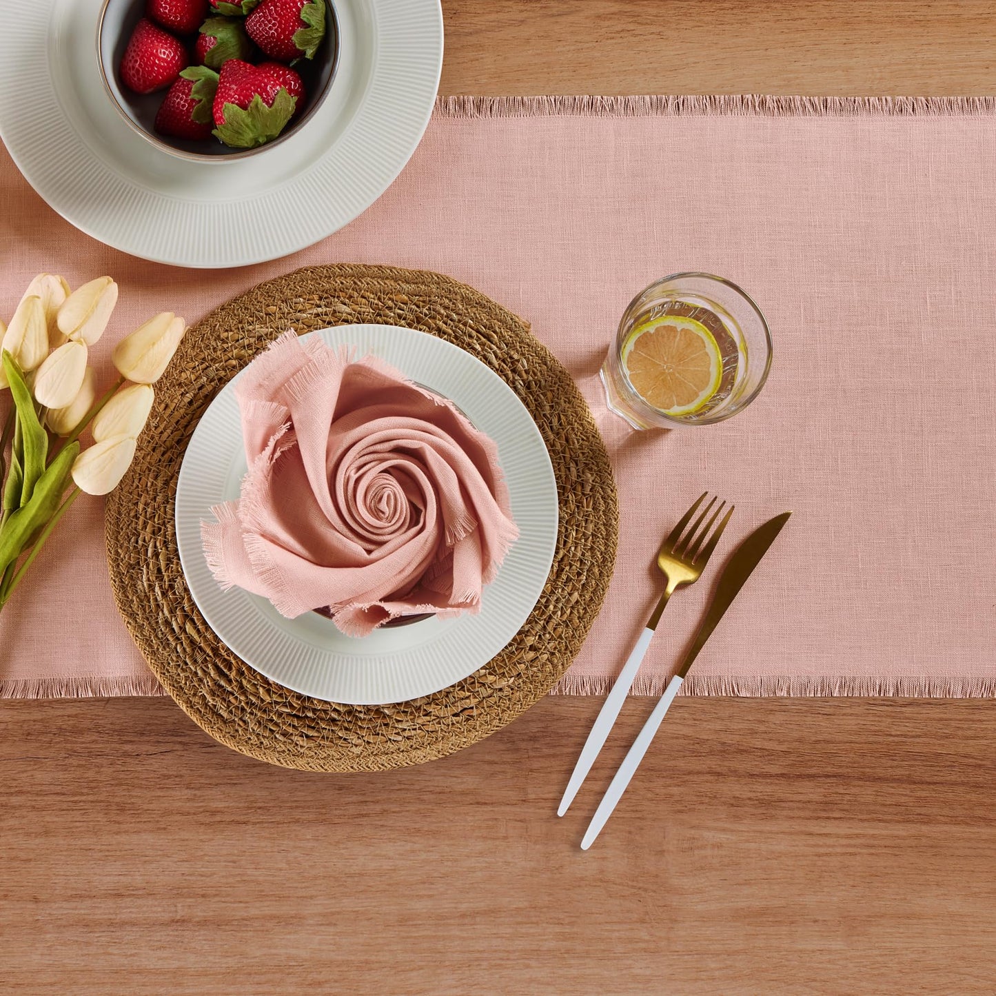Solino Home Linen Misty Pink Table Runner 72 Inches Long - Fringe, 100% Pure Linen Dining Table Runner 14 x 72 Inch for Summer