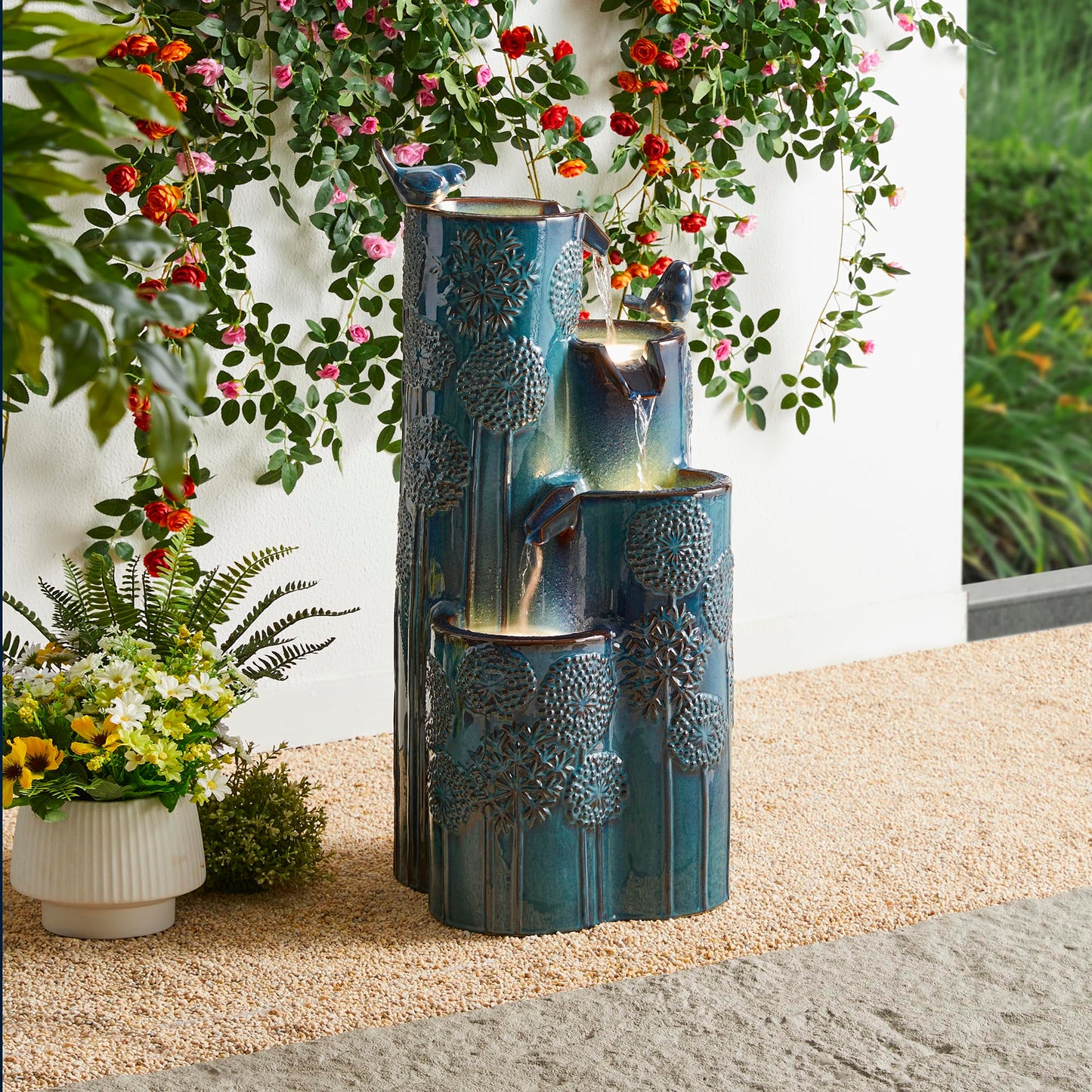 Glitzhome 31.75" H Outdoor Water Fountain with LED Lights and Pump, 4 Tier Dandelion Texture Vase Shaped Ceramic Floor Standing Fountain with Birds for Porch Deck Garden Patio Backyard, Turquoise