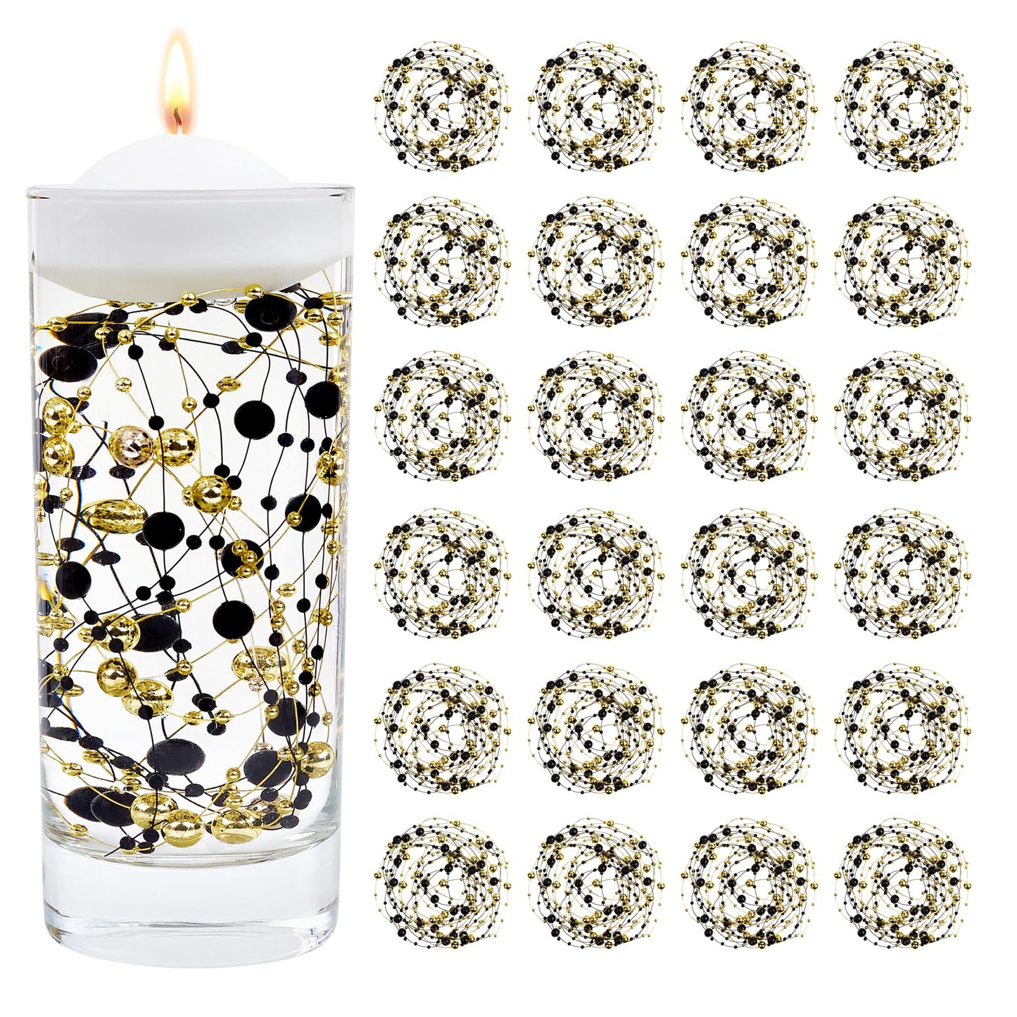 YATOJUZI 30 PCS Artificial Pearl String Black Gold Vase Filler Floating Pearls for Vases Centerpieces Faux Pearl Beads String Decorations Holiday Wedding Anniversary 50th Birthday Party Decor