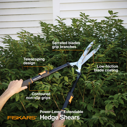 Fiskars Power-Lever Extendable Hedge Shears, Self-Sharpening Serrated Steel Blades for Clean Cuts, Handles Adjust 25"-33" for High Reach, Multiplies Leverage for 2x Power, 10" Blades, Orange/Black