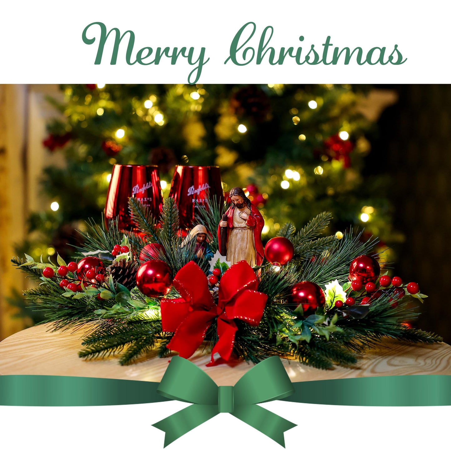 Christmas Table Centerpiece with LED Lights, Christmas Decoration with Red Jesus Pine Needle Ornament, Red Berry, Balls for Holiday Party, Home