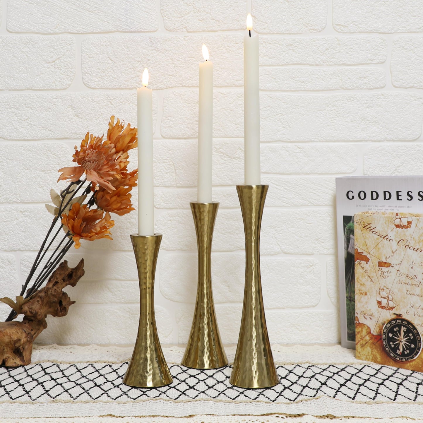 Taper Candle Holders Metal Candlestick Holders Set of 3 Table Mantel Decorative Candle Stand for Dinning,Party，Wedding,Home Decor(Brass Gold)