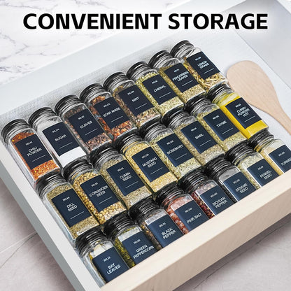 Spice Jars, 24 Pcs 4oz Seasoning Jars with Label, Glass Jars with Shaker Lids, Spice Containers Bottles with Pepper Grinder & Stainless Steel Funnel for Seasoning Organizer, Cabinet, Drawer