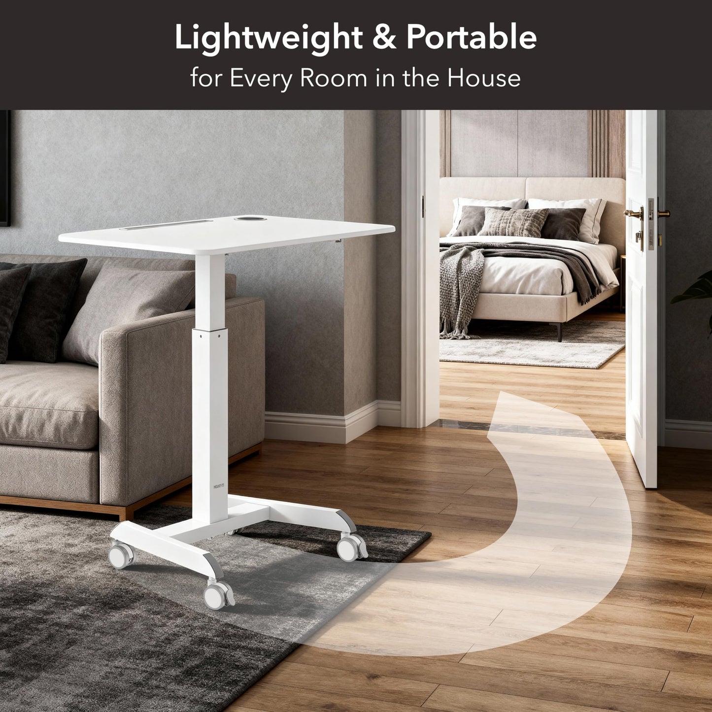 Mount-It! Laptop Cart Rolling Desk Adjustable Height with 28.5" x 22" Tabletop, Ergonomic Sit-Stand Workstation on Wheels Portable for Home Office, Dorm, Classroom, White