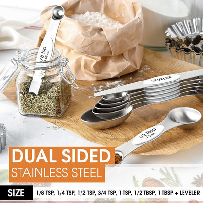 Spring Chef White Stainless Steel Magnetic Measuring Spoons Set of 8 with Leveler, Dual Sided Metal Teaspoon & Tablespoon Measuring Spoons, Fits in Spice Jars, Kitchen Gadgets for Baking & Cooking