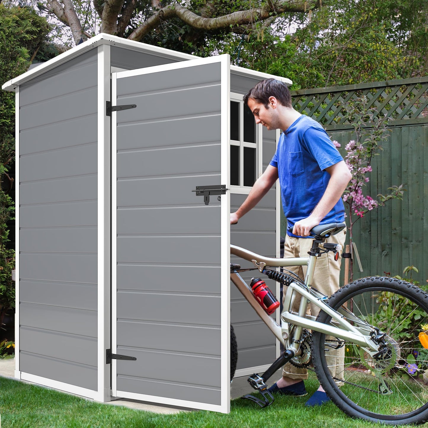 DWVO 5x3 FT Outdoor Storage Shed with Reinforced Floor, All-Weather Resin Storage Shed with Lockable Door & Window, Waterproof Plastic Tool Storage for Garden, Backyard, Patio, Lawn