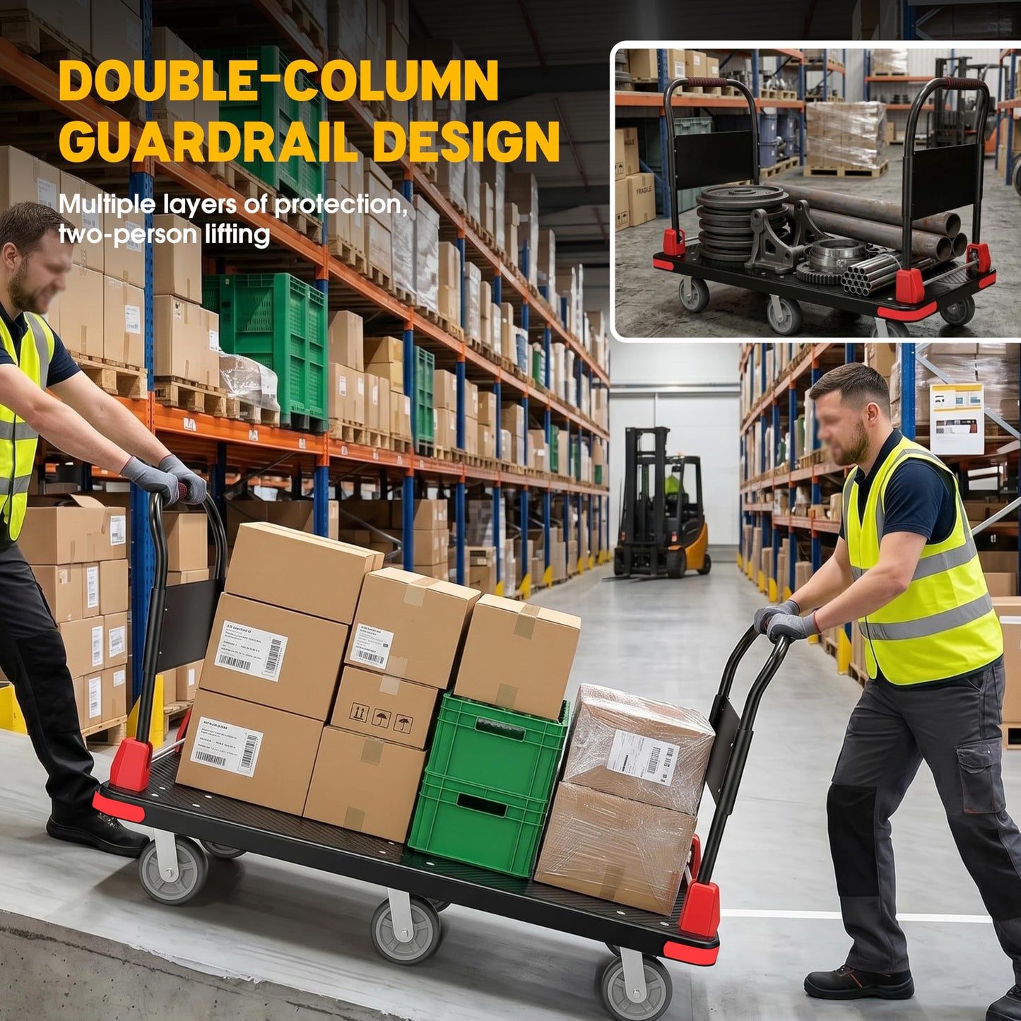 Platform Trucks Flatbed Cart Heavy Duty with 2 Handrails & 6 Rubber Wheels, Flat Dolly 2000lbs Capacity with Bungee Cord, 49.2"x27.56" Folding Hand Cart for Moving Furniture/Office/Warehouse/Garage