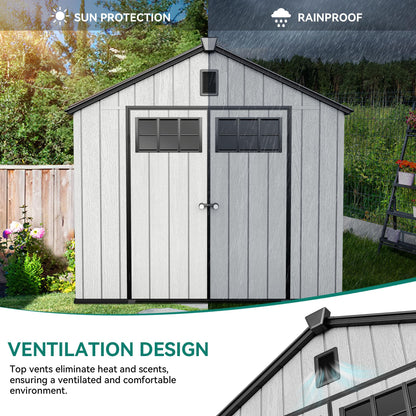 YITAHOME Large Outdoor Storage Shed 8x10 Ft, Extra Thick Plastic Storage Sheds with Floor, Lockable Doors, Vision Grid Windows, Vents, 16mm Heavy Duty Garden Storage for Bikes Mowers and Tools, Gray
