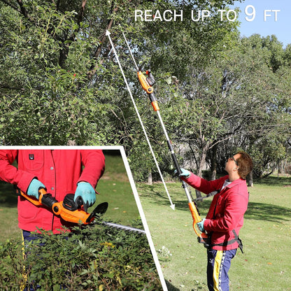GARCARE 2 in 1 Pole Hedge Trimmer Cordless Long Reach with 20V 4.0Ah Battery and Quick Charger (20inch Cutting Blade Length, 7/10 inch Cutting Capacity, 1200rpm)