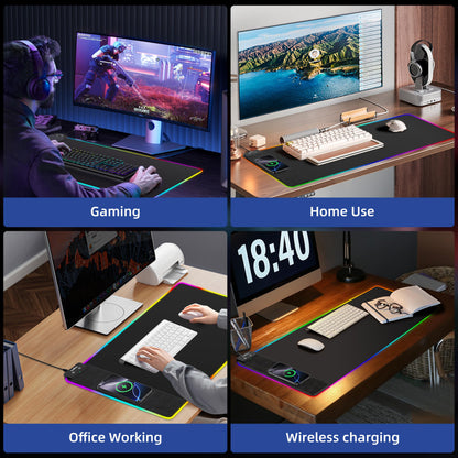 Wireless Charging Mouse Pad, RGB Gaming Mousepad, 31.5"x15.7" Extra Large Desk Pad, 13 Light Modes, Ultra-Smooth Surface, Non-Slip Base, Waterproof Computer Keyboard Mat for MacBook, PC, Laptop, Black