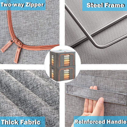 SWEERI Extra Large Clothes Storage Bins with Metal Frame, Foldable Organizer for Home Organization, 2-Way Zipper, Clear Window Storage Bags for Clothes, Bedding, Seasonal Storage, 100L x 3Pack
