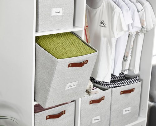 DECOMOMO Storage Baskets - 13x15x13 Cube Bins with Labels for Organized Shelves | 4-Pack, Light Grey
