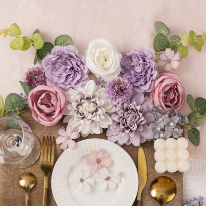 Khyxvbcd 30 Pcs Artificial Flowers Combo Purple Flowers Mix Silk Flowers Dahlia Roses with Stems for DIY Wedding Bridal Bouquets, Baby Shower, Floral Arrangement, Table Centerpieces, Home Decorations