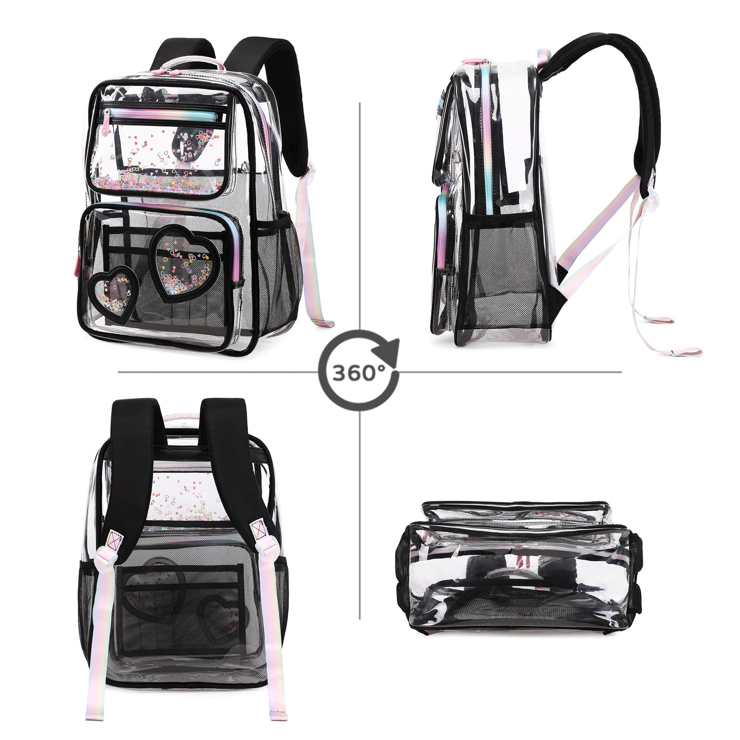 KIDNUO Clear Backpack for Girls,Clear Bookbag Heavy Duty Transparent Backpacks for Stadium Events, See Through Back Pack for Kindergarten Elementary Middle High School (Black)