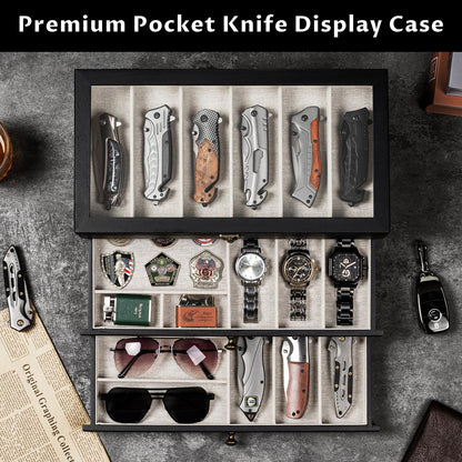 Yoimori Knife Display Case, 3-Layer Pocket Knife Case Display & Storage Knives, Solid Wood Knife Case for Collections, Gift for Boyfriend Fathers Day Birthday Gifts(Black)